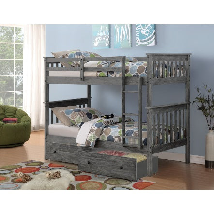 Twin Mission Bunk Bed With Dual Under Bed Drawers in Brushed Grey Finish