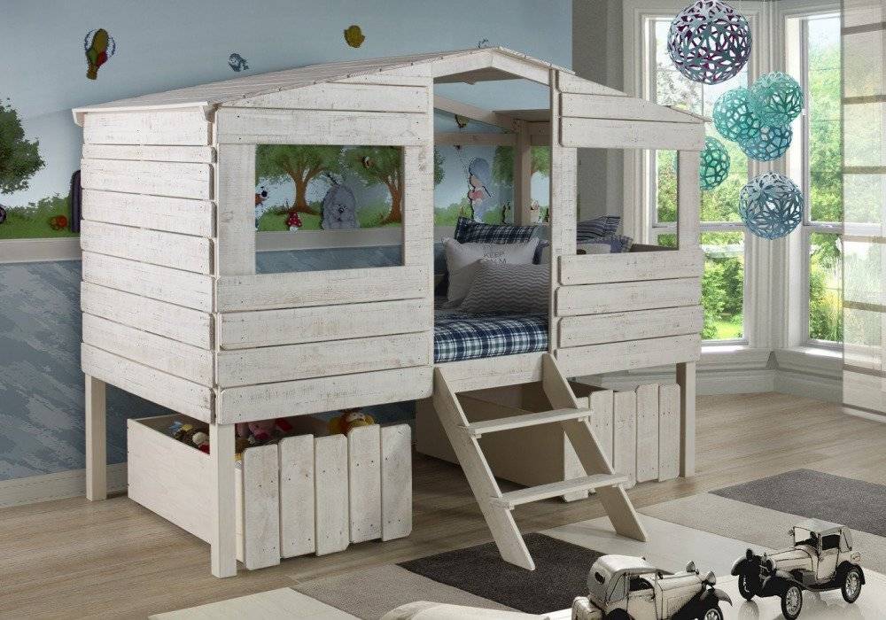 TWIN TREE HOUSE LOW LOFT BED RUSTIC SAND W/UNDERBED STORAGE