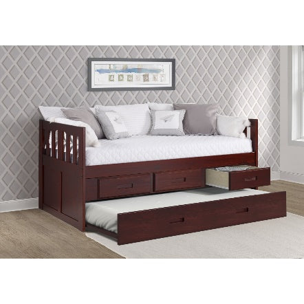 Twin Mission Captains Bed With 3 Drawer Storage And Twin Trundle in Merlot Finish