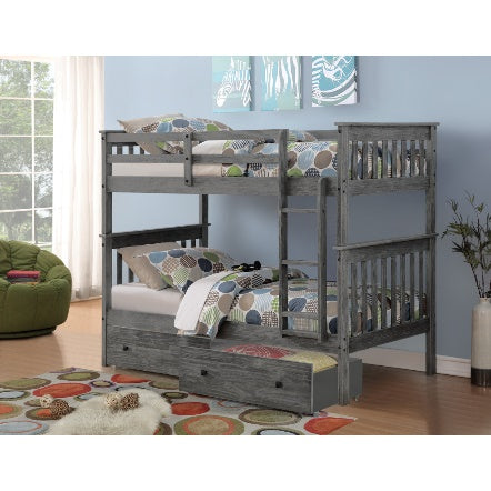 Twin Mission Bunk Bed With Dual Under Bed Drawers in Brushed Grey Finish