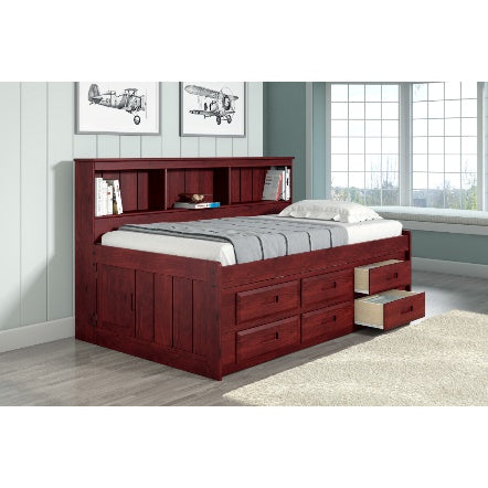 Twin Daybed Bookcase Captains Bed With 6 Drawer Under Bed Storage in Merlot Finish