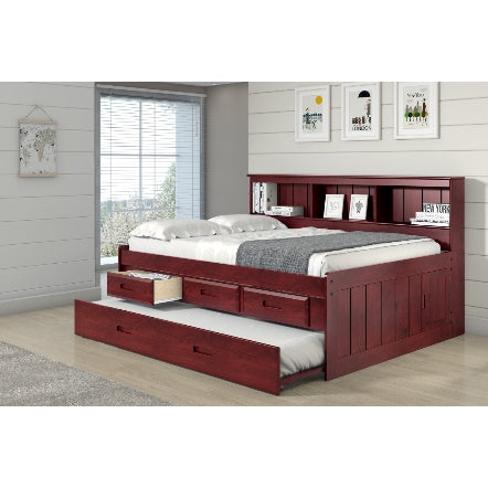 Full Daybed Bookcase Captains Bed With 3 Drawer Storage And Twin Trundle in Merlot Finish